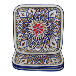 Le Souk Ceramique - Square Stoneware Plates, Set of 4, Tabarka Design - Serving Dishes And Platters
