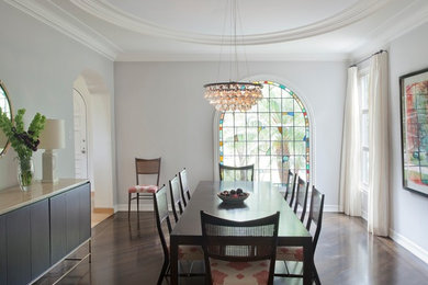 Design ideas for a transitional dining room in Los Angeles with white walls, dark hardwood floors and brown floor.