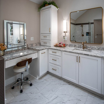 Luxurious White Bathroom with Barrier Free Shower, Make-up area and Storage