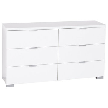 Modern Double Dresser, 6 Storage Drawers With Silver Metal Pulls, White Glossy