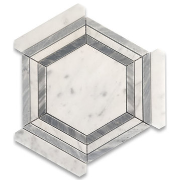 Carrara White Marble 5 Hexagon Georama Geometric Gray Strip Frame Tile, 1 sheet
