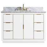 Avanity Corporation - Avanity Austen 49 in. Vanity in White w/ Gold Trim and Carrara White Marble Top - The Austen 49 in. vanity combo is simple yet stunning. The Austen Collection features a minimalist design that pops with color thanks to the refined White finish with matte gold trim and hardware. The vanity combo features a solid wood birch frame, plywood drawer boxes, dovetail joints, a toe kick for convenience, soft-close glides and hinges, carrara white marble top and rectangular undermount sink. Complete the look with matching mirror, mirror cabinet, and linen tower. A perfect choice for the modern bathroom, Austen feels at home in multiple design settings.