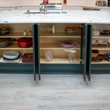 3 Finishes on Kitchen Cabinetry with Galley Workstation in Island and Wine Bar
