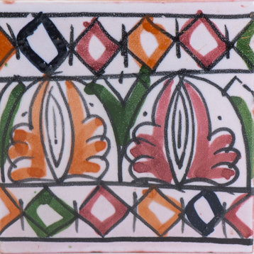 Hand Painted Border Moroccan Tile, Green/Red/Orange