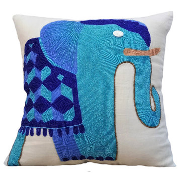 Blue Throw Pillow Covers 16"x16" Cotton, Blue Elephant