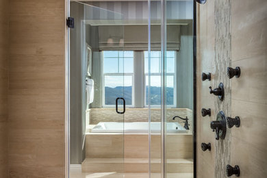 Inspiration for a large timeless master beige tile and ceramic tile ceramic tile double shower remodel in San Diego with a hot tub and blue walls