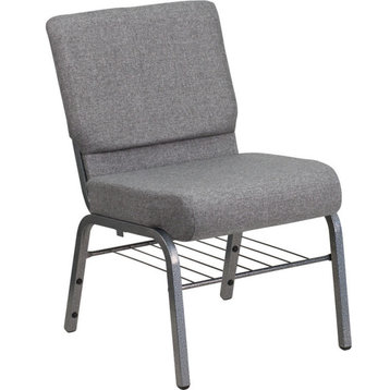 Hercules Series 21" Church Chair, Gray Fabric With Book Rack, Silver Vein Frame