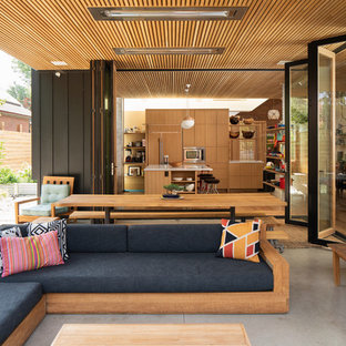 デンバーのミッドセンチュリースタイルのおしゃれなテラス・中庭 (コンクリート板舗装 、張り出し屋根) の写真