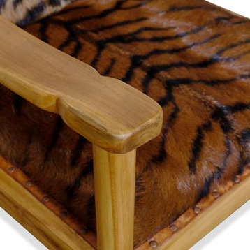 Galaxia - Tiger Print Lounge Chair - Solid Teak Wood Frame - Light Stain Finish