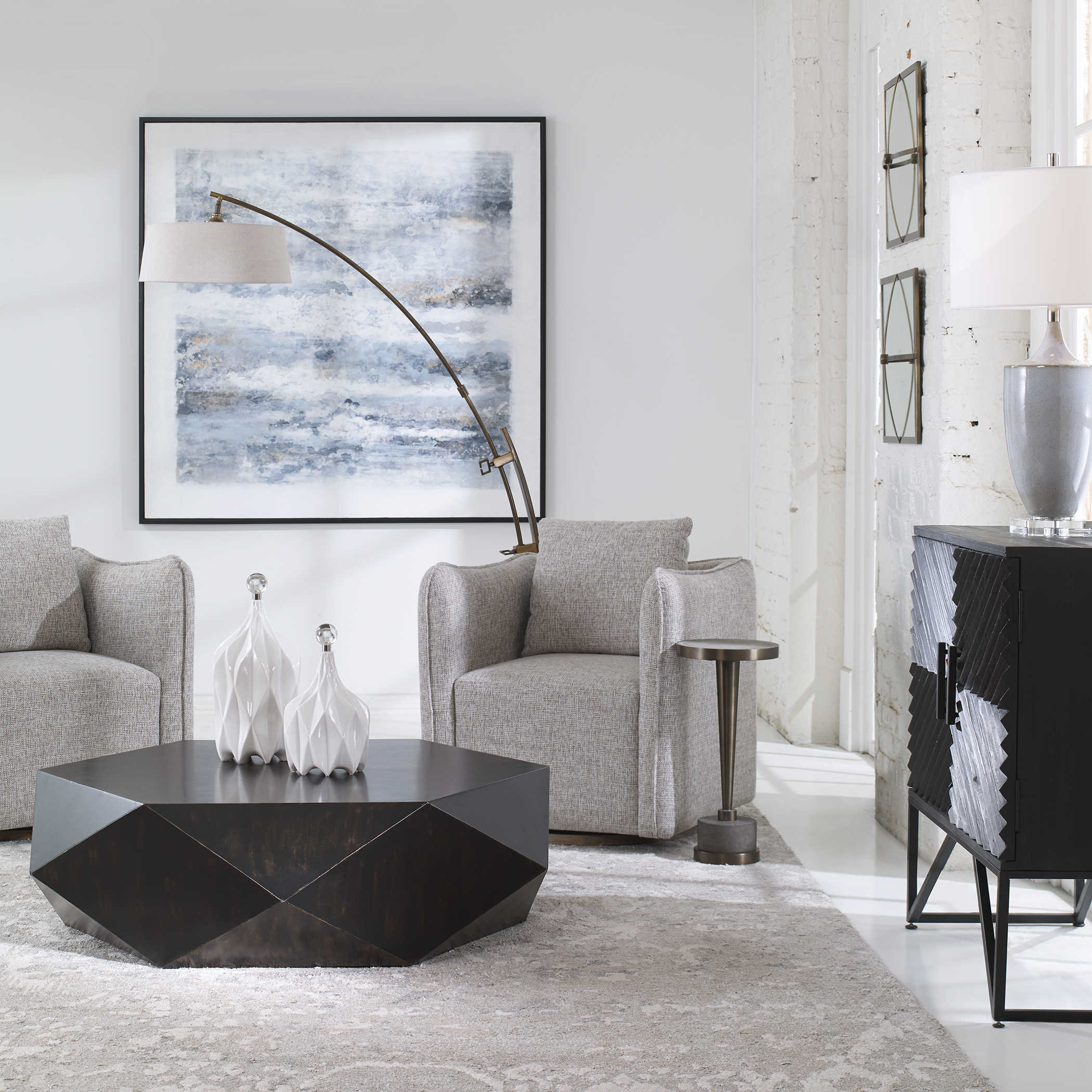 Faceted Large Round Wood Coffee Table, Modern Geometric Block Solid