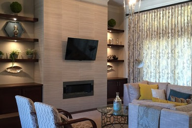 Example of a large transitional open concept dark wood floor living room design in Other with beige walls, a ribbon fireplace, a tile fireplace and a wall-mounted tv