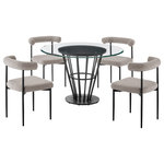 Armen Living - Veronica Shannon Round Glass Dining Table 5pc Set, Matte Black Iron, Gray Fabric - Bring sleek sophistication and comfort to your dining space with the Veronica Shannon 5 Piece Dining Set by Armen Living. This set includes 1 Veronica Round Glass Dining Table and 4 Shannon Upholstered Dining Chairs. With a chic and refined aesthetic, this dining set is ready to make a statement. The dining table includes a 48" glass tabletop that rests on a round walnut veneer panel for a beautiful contrast of materials. The conical base attains a sleek and airy presence with its metallic detailing. The Veronica dining table serves as a stunning centerpiece for your kitchen, dining, or living space, and its round shape creates a natural hub for inclusive conversations and activities. Our Shannon dining chairs serve as a perfect compliment to create this contemporary and modern dining set. The Shannon chair includes a cylindrical cushion and curved backrest to offer perfect back support and a generously padded seat to provide a comfortable seating experience. These chairs are covered in performance fabric to offer easy care and maintenance. This dining set can grace your kitchen, dining room, or living space to make a stunning centerpiece, while it adds a dose of sophistication and comfort from your casual to formal meals. The dining set features quality materials and craftsmanship to serve you for years to come. The Veronica Shannon 5 Piece Round Glass Dining Table Set is available in matching finishes and a variety of colors, or sold separately to achieve any look you desire.
