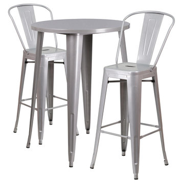 Flash Commercial Grade 30" Round Silver Metal Bar Table Set & 2 Cafe Stools