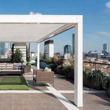 Adjustable motorized louvered pergola awnings
