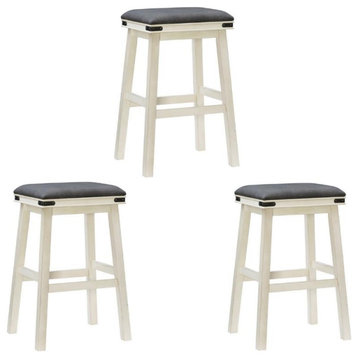 Home Square 3 Piece Wood and Faux Leather Backless Bar Stool Set in White