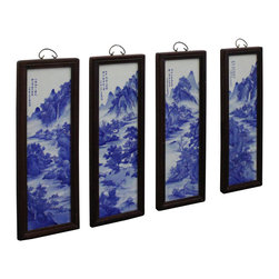 Chinese Blue White Porcelain Water Mountain Scenery Wall Panel Set - Wall Accents