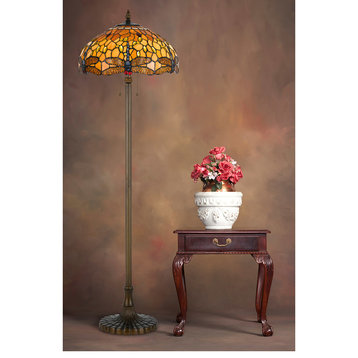 60W Tiffany Floor Lamp Zinc Cast Base, Antique Brass Finish