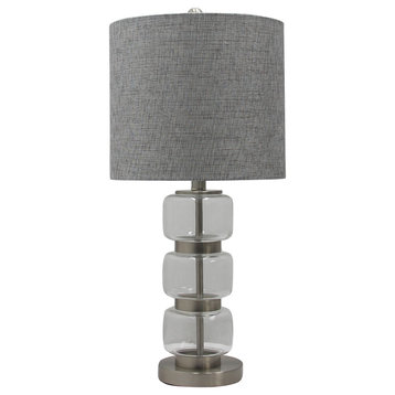 26" Smooth, Stacked Glass & Metal Table Lamp, Brushed Steel & Clear