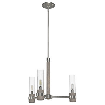 River Mill Brushed Nickel/Gray Wood, Clear Glass 3-Light Chandelier