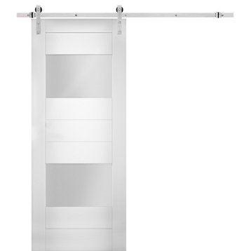 Modern Barn Door Opaque Glass / Sete 6222 White Silk / Silver 6.6FT Rail, 42" X 84"