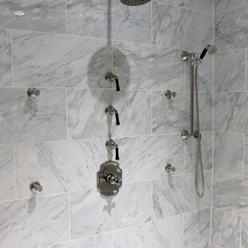 Transitional Master Bathroom Shower with Polished Nickel Faucets & HD Marble Loo