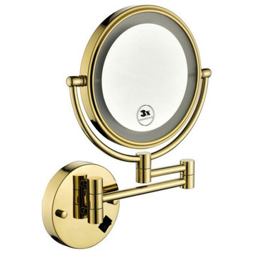 8" Round Framed Swing Arm Wall Mounted LED Makeup Mirror, Gold