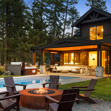 Firepit, Pool and Covered Patio at Dusk