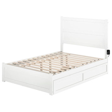 Full Size Platform Bed, Wooden Frame With USB Ports & Twin Size Trundle, White