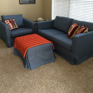 Karlstad 2 seater sofa, armchair and footstool in Herringbone Denim,