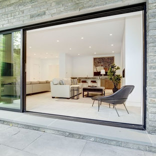 Photo of a large contemporary walk-out basement in DC Metro with white walls, limestone flooring, a standard fireplace, a stone fireplace surround and beige floors.