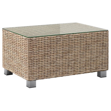 TK Classics Outdoor Patio Rectangle Coffee Table with Glass-Top in Almond Wicker