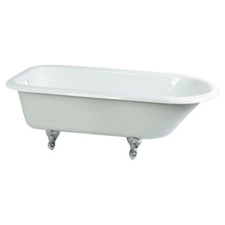 67" Anti-Slide Roll Top Clawfoot Tub w/Feet No Faucet Drillings, White/Chrome