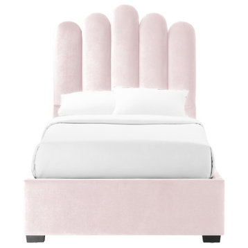 Inspired Home Monty Bed, Velvet Upholstered Scalloped Headboard, Blush, Twin Xl