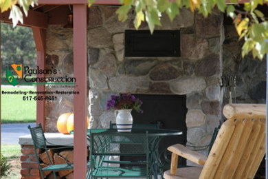 Patio kitchen - mid-sized country backyard stamped concrete patio kitchen idea in Detroit with a roof extension
