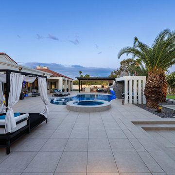 Contemporary Outdoor Escape in Scottsdale Spa, Outdoor Bar & Luxury Waterfall