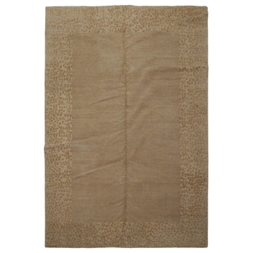 6'1''x9' Hand Knotted Wool and Silk Lapchi Area Rug Tone On Tone Beige