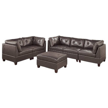 Altea 6 Piece Top Grain Leather Modular Sofa Set With Ottoman, Dark Coffee