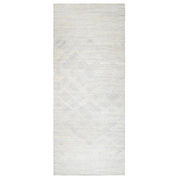Modern Design Undyed Natural Wool Hand Knotted Ivory Wide Runner Rug, 4'1"x10'1"