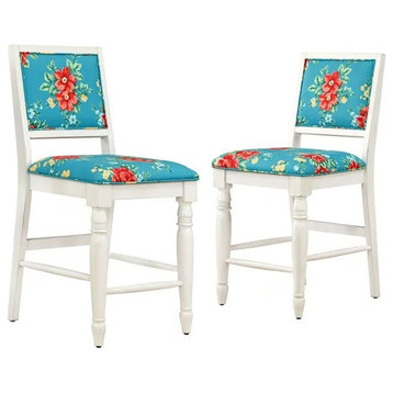 Set of 2 Vintage Counter Stool, White Frame & Padded Seat With Floral Upholstery
