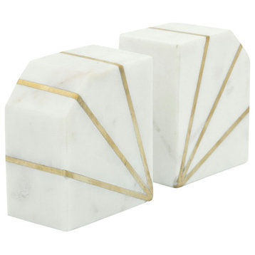 Set of 2 Marble 5"H Polished Bookends With Gold Inlays, Wht