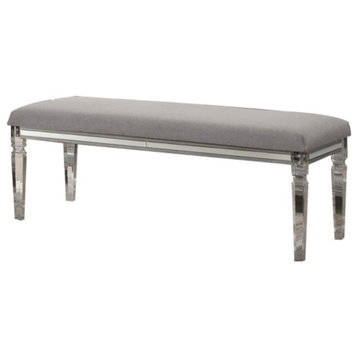 Fabric Upholstered Bench With Acrylic Legs And Silver Accents, Gray