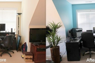 Inspiration for a small contemporary freestanding desk carpeted home office remodel in Other with blue walls