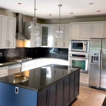 Kitchen Cabinet Refinishing - Off-White with Navy Blue Island