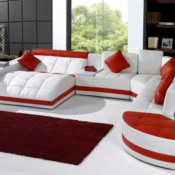 Modern Bonded Leather Sectional Sofa in White with Red Accents