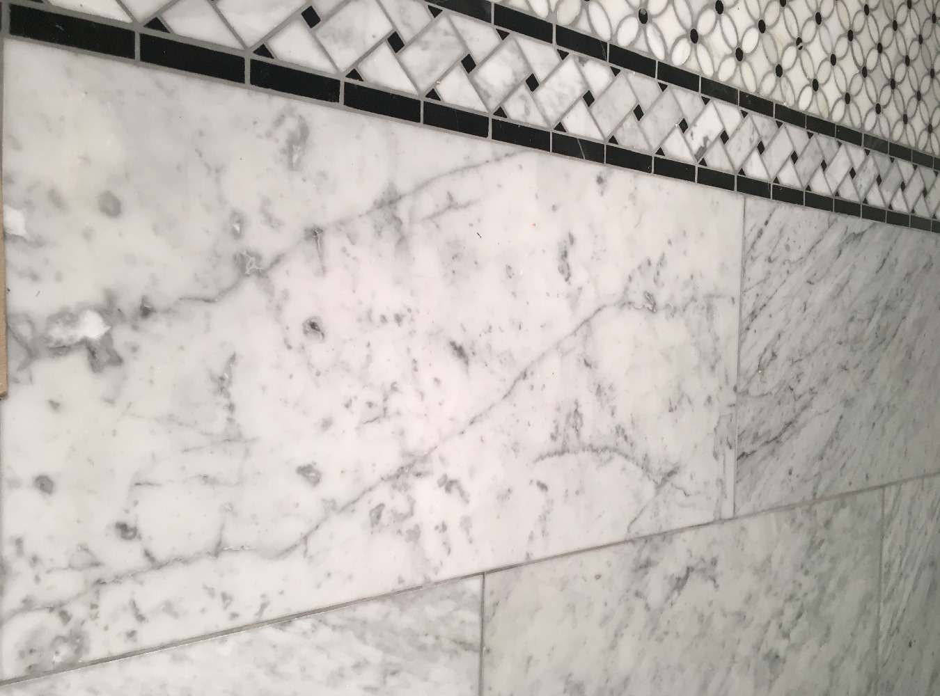 Carrara Marble Basketweave Listello Border Black Dots Polished 4x12, 1 sheet