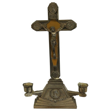 Consigned Antique Crucifix Cross Religious Madonna of Lourdes Mary Copper