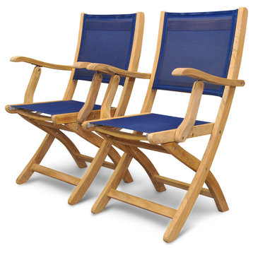 Teak And Navy Sling Folding Chair Pair, Providence Collection