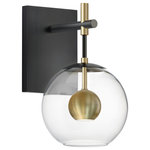 ET2 - Nucleus LED Wall Sconce, Black / Natural Aged Brass - Three sizes of thick Clear glass orbs are suspended displaying a small aluminum sphere encompassed within. Discretely recessed dedicated LED provides ample lighting without glare. Branching out from a central structural column the striking Black and Satin Brass combination an additional LED light source directs light downward. These atomically inspired fixtures are sure to make a statement.