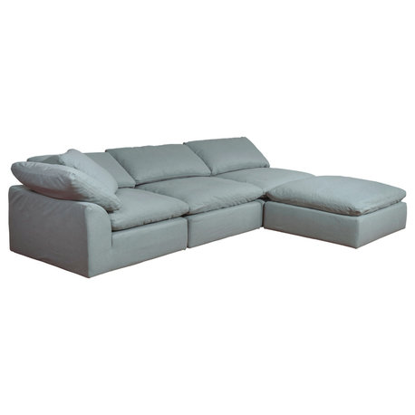 4-Piece Slip-Covered Modular Sectional Sofa With Ottoman, Ocean Blue