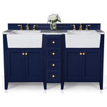 Ancerre Designs - Adeline Vanity Set, Heritage Blue, 60", Double Sink - You just can't take your eyes off our Adeline Collection. It conveys understated elegance that resonates the rich history of the farmhouse sink period. The large farmhouse sink is not only aesthetically pleasing, but also functional for your everyday use. In crafting the Adeline collection, no detail was overlooked - from selecting quality wood to using the most durable soft-close hardware. The vanity set includes: a furniture style cabinet, 2 farmhouse basins, an imported Italian Carrara white marble top, a 4" solid wood backsplash, solid wood dovetailed drawer boxes, slow closing doors/drawers, and satin brushed gold hardware. Being meticulously crafted, the Adeline Collection will be cherished by your family for generations to come.
